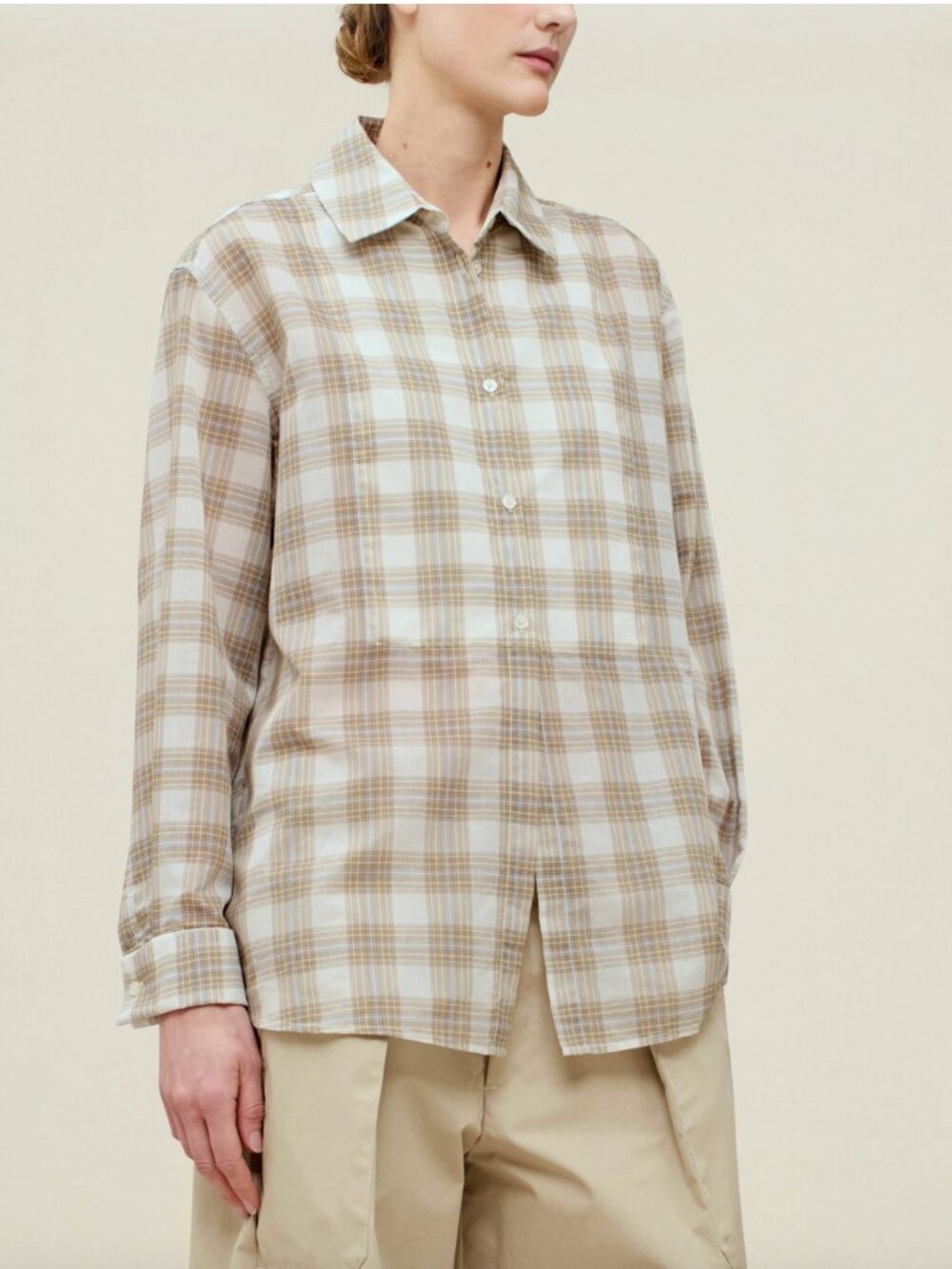 Kallmeyer Chloé Bib Button Down in Beige Plaid, size XS